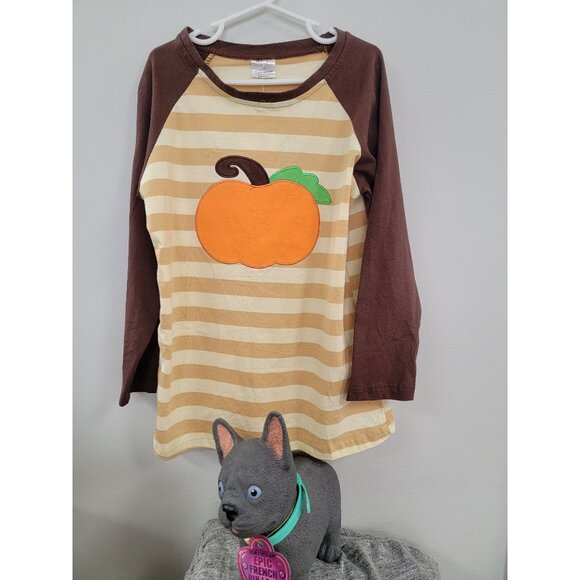 Pumpkin Applique Brown & Beige Striped Raglan Long Sleeve Shirt Size 6/7‎ - Picture 1 of 2